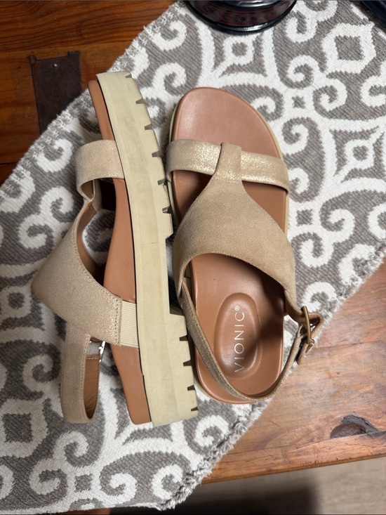 Vionic Shoes - Vionic Sparkly Gold-Beige Platform Sandals with Buckle